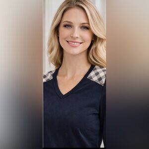 Burberry Black V-Neck Top w/ Iconic Check Shoulder Detail | Long Sleeve